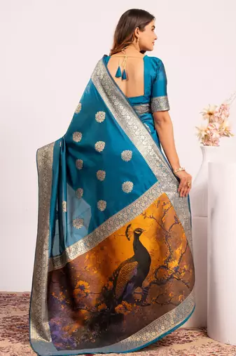 Blue extraordinary banarasi silk blend saree with resham weave peacock pallu & zari border