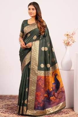 Mehendi extraordinary banarasi silk blend saree with resham weave peacock pallu & zari border 1