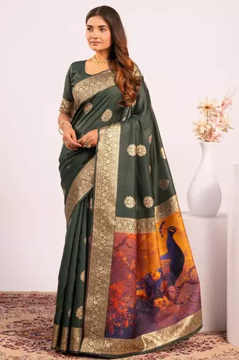 Mehendi extraordinary banarasi silk saree with resham weave peacock pallu & zari border