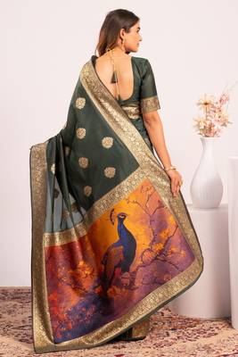 Mehendi extraordinary banarasi silk blend saree with resham weave peacock pallu & zari border 2