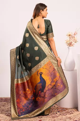 Mehendi extraordinary banarasi silk blend saree with resham weave peacock pallu & zari border