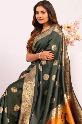 Mehendi extraordinary banarasi silk blend saree with resham weave peacock pallu & zari border