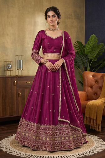 Violet japan satin sequins embroidered lehenga choli with dupatta