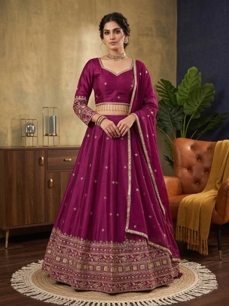 Violet japan satin sequins embroidered lehenga choli with dupatta