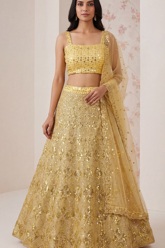 Yellow Sequin Embroidered Net Lehenga Set