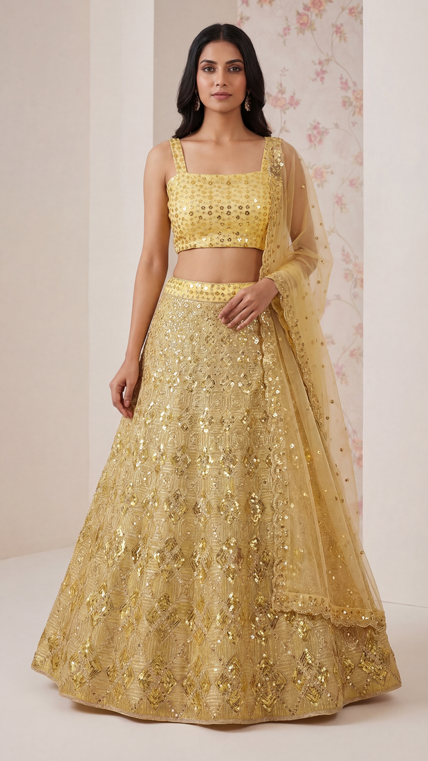 Yellow Sequin Embroidered Net Lehenga Set