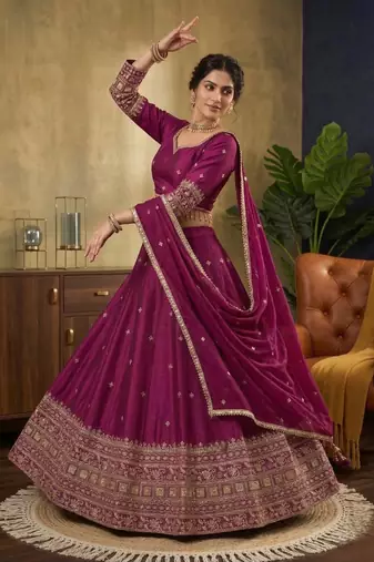 Violet japan satin sequins embroidered lehenga choli with dupatta