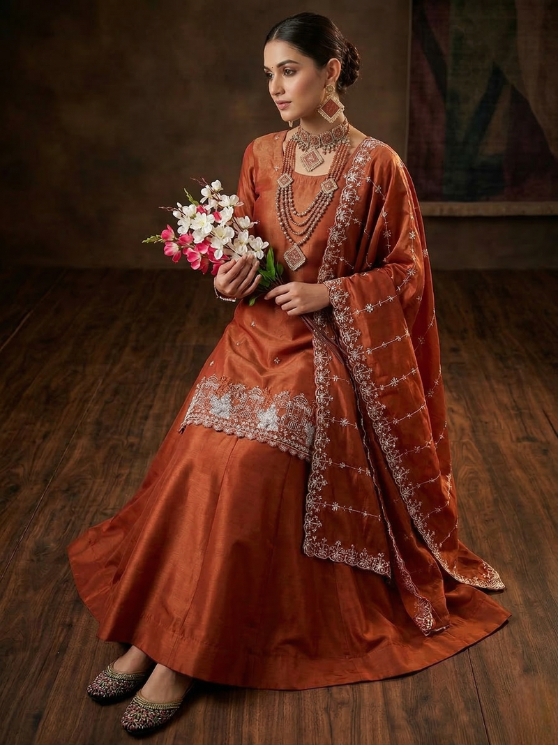 Bronze Simmer Silk Embroidery Work Lehenga Choli