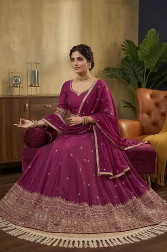 Violet japan satin sequins embroidered lehenga choli with dupatta