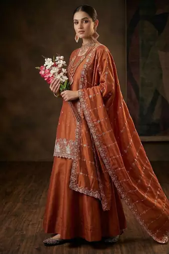 Bronze Simmer Silk Embroidery Work Lehenga Choli