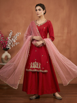 Wedding Wear Embroidery Work Red Color Top With Lehenga Choli 1