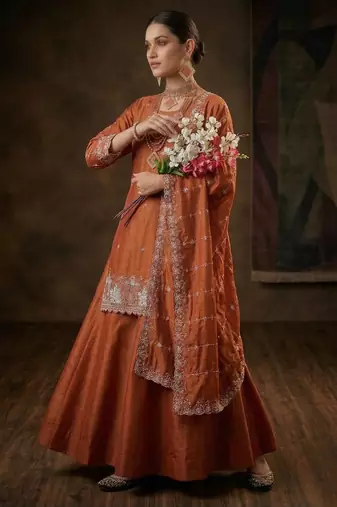 Bronze Simmer Silk Embroidery Work Lehenga Choli