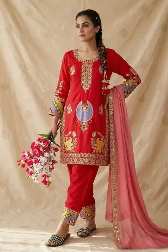 Crepe silk embroidered and sequins work suit set with net dupatta