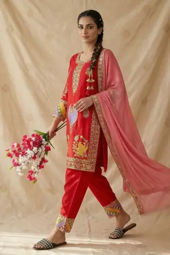 Crepe silk embroidered and sequins work suit set with net dupatta