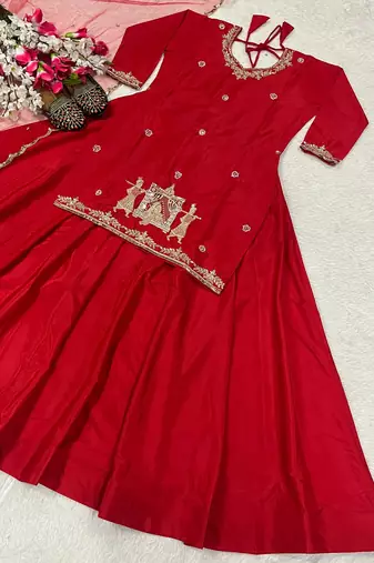 Wedding Wear Embroidery Work Red Color Top With Lehenga Choli
