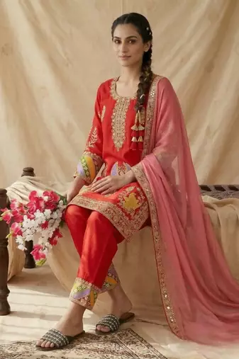 Crepe silk embroidered and sequins work suit set with net dupatta