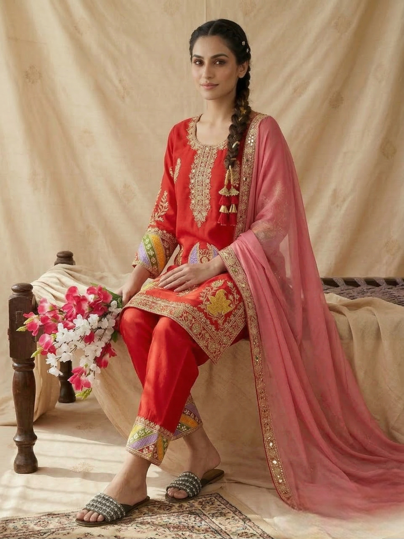 Crepe silk embroidered and sequins work suit set with net dupatta