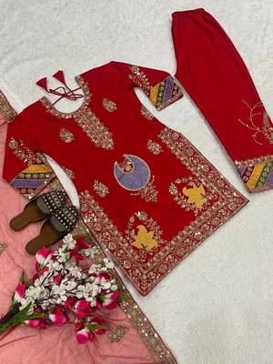 Crepe silk embroidered and sequins work suit set with net dupatta 4