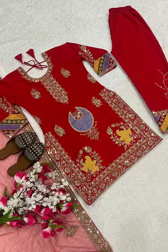 Crepe silk embroidered and sequins work suit set with net dupatta