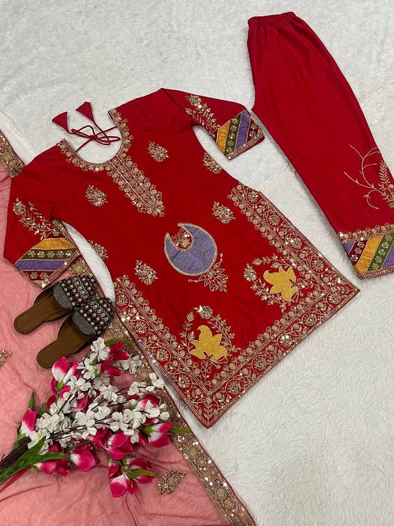 Crepe silk embroidered and sequins work suit set with net dupatta
