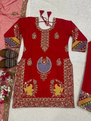 Crepe silk embroidered and sequins work suit set with net dupatta 5