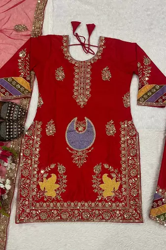 Crepe silk embroidered and sequins work suit set with net dupatta