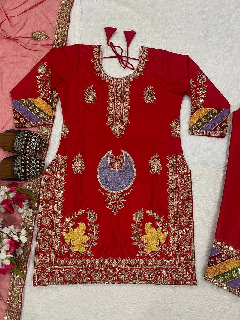 Crepe silk embroidered and sequins work suit set with net dupatta