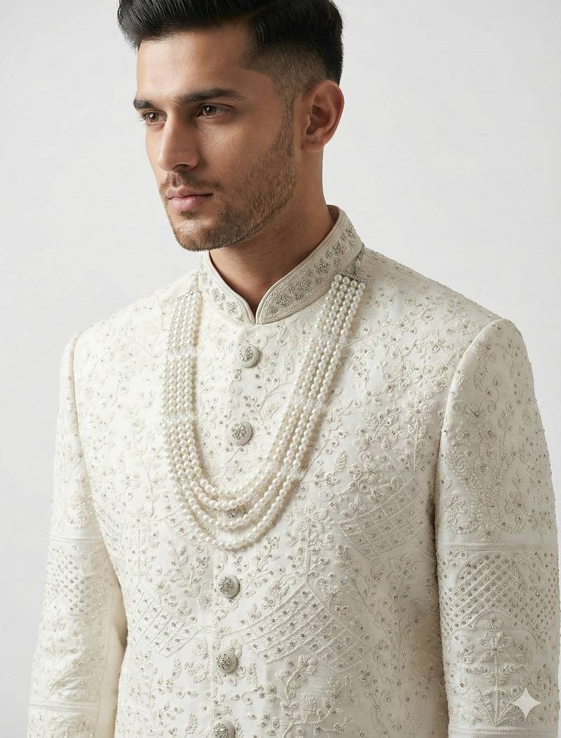 white silk blend crystal thread embroidered sherwani