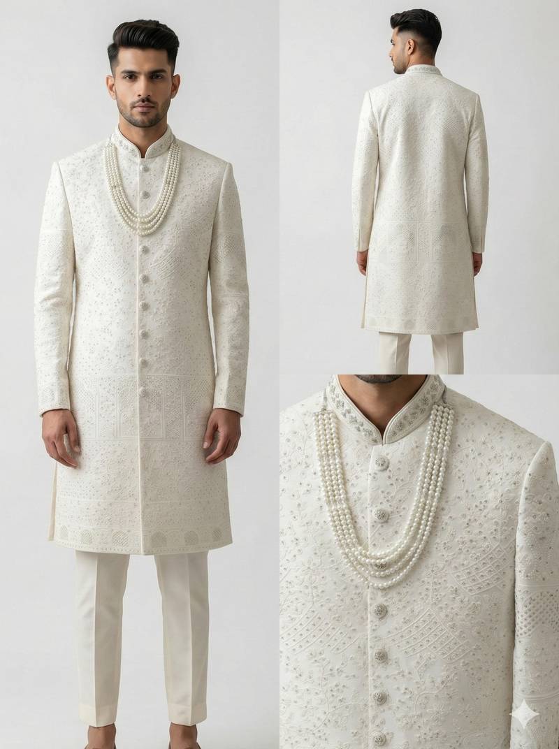 white silk blend crystal thread embroidered sherwani