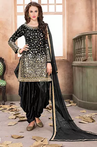 Black taffeta zari work semi stitched size up to 42 salwar suits