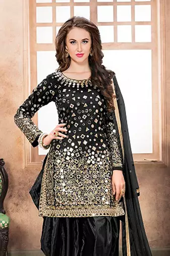 Black taffeta zari work semi stitched size up to 42 salwar suits