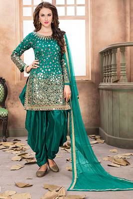 Turquoise taffeta zari work semi stitched size up to 42 salwar suits 1