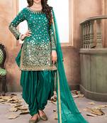 Turquoise taffeta zari work semi stitched size up to 42 salwar suits