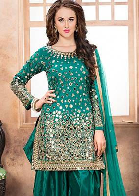 Turquoise taffeta zari work semi stitched size up to 42 salwar suits 2