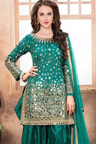 Turquoise taffeta zari work semi stitched size up to 42 salwar suits