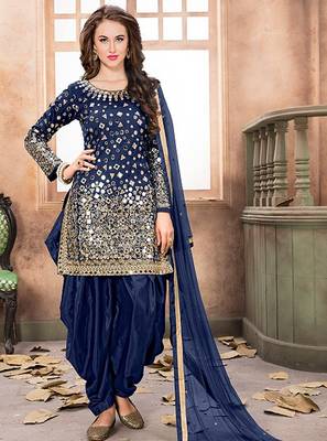 Blue taffeta zari work semi stitched size up to 42 salwar suits 1