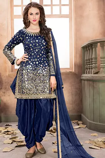 Blue taffeta zari work semi stitched size up to 42 salwar suits