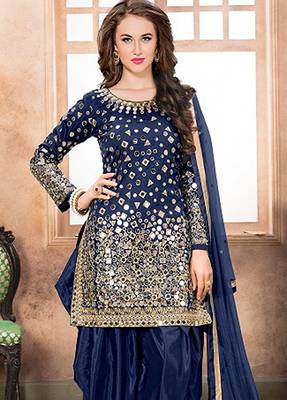 Blue taffeta zari work semi stitched size up to 42 salwar suits 2