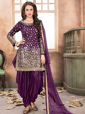 Purple taffeta zari work semi stitched size up to 42 salwar suits 1