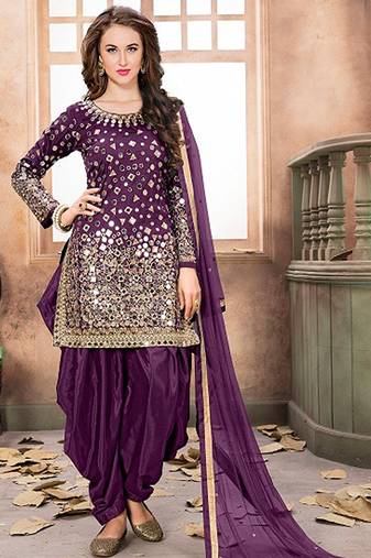 Purple taffeta zari work semi stitched size up to 42 salwar suits