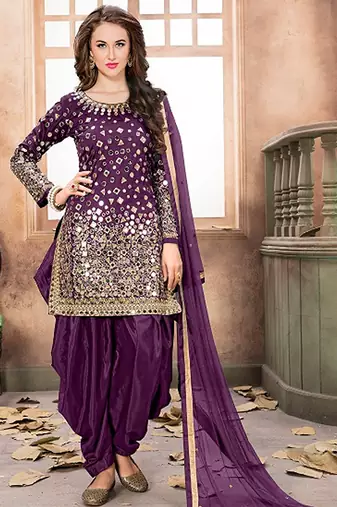 Purple taffeta zari work semi stitched size up to 42 salwar suits