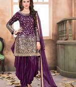 Purple taffeta zari work semi stitched size up to 42 salwar suits