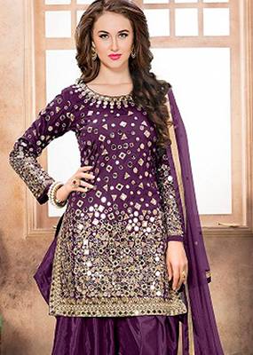 Purple taffeta zari work semi stitched size up to 42 salwar suits 2