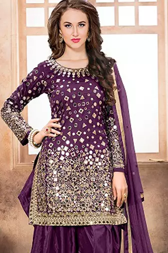 Purple taffeta zari work semi stitched size up to 42 salwar suits