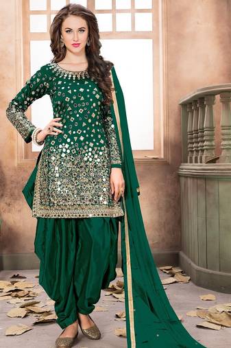 Green taffeta mirror work semi stitched size up to 42 salwar suits