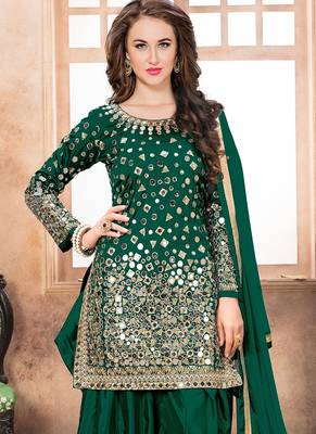 Green taffeta mirror work semi stitched size up to 42 salwar suits 2