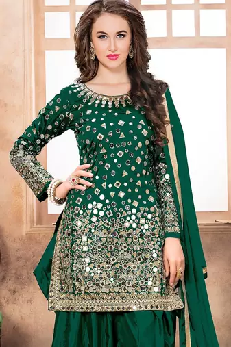Green taffeta mirror work semi stitched size up to 42 salwar suits