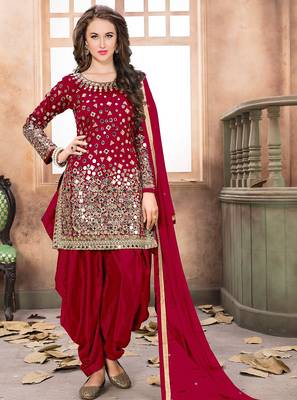 Red taffeta mirror work semi stitched size up to 42 salwar suits 1