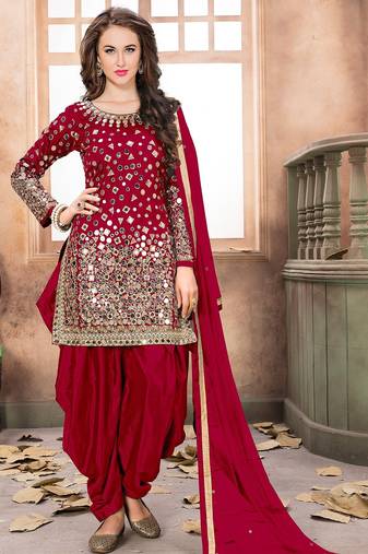 Red taffeta mirror work semi stitched size up to 42 salwar suits