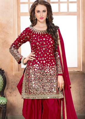 Red taffeta mirror work semi stitched size up to 42 salwar suits 2